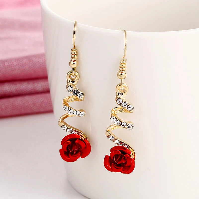 the FLOWER GIRL - Red Rose Zircon Stud Earrings Luxury Crystal Flower Snowman Pearl Christmas Earrings Bride Wedding Jewelry Gift