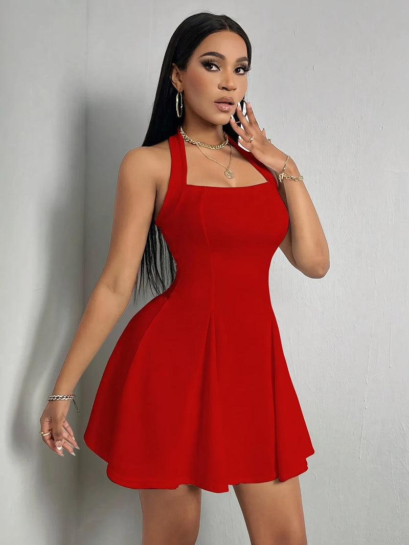 the DONNA - Solid Color Sleeveless Low-Cut Mini Dress