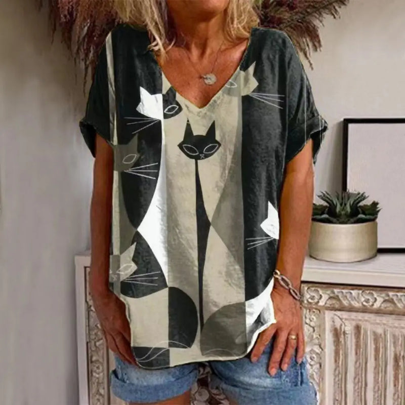 the JAZZ CATS - Cartoon Cat Print Summer Short Sleeve V-Neck Fashion Casual T-Shirts for Women