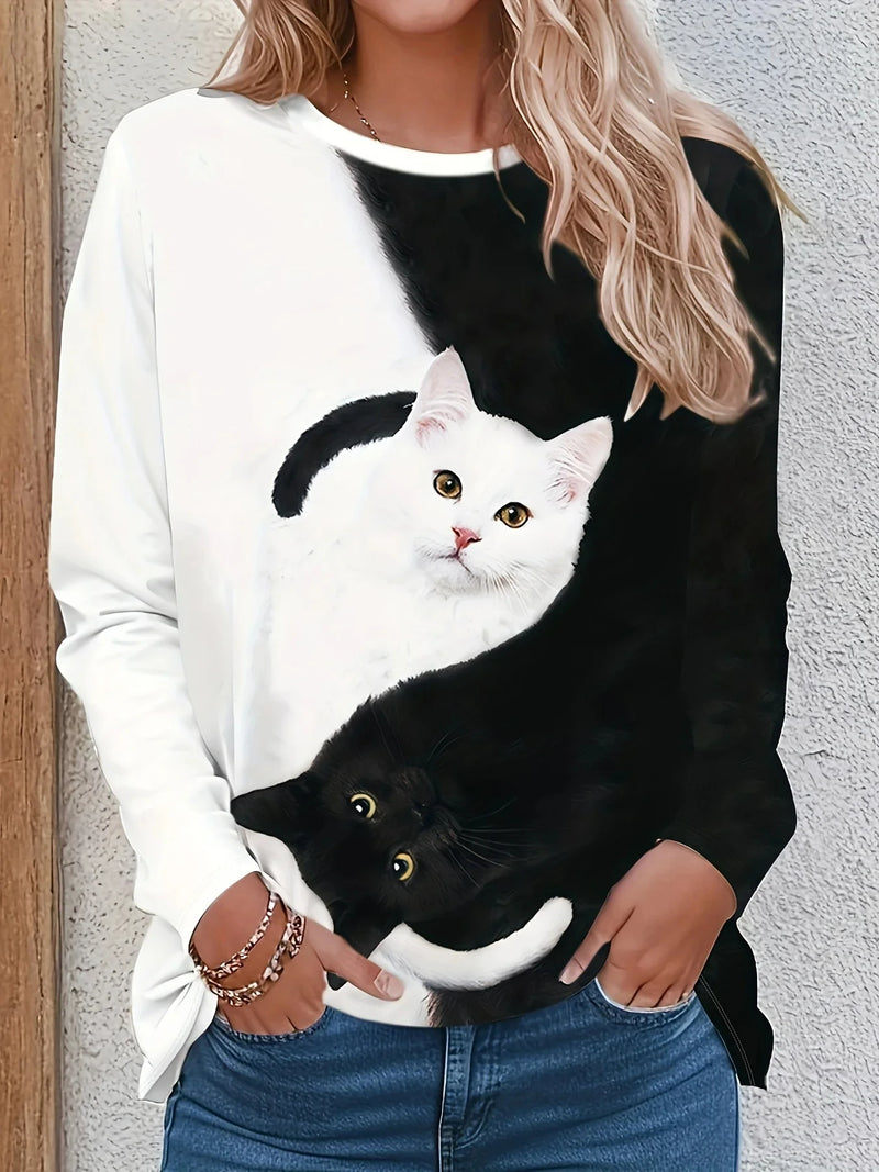 the CAT CLUB - 3D Cat Print Casual Loose Long Sleeve Round Neck Fashion Top for Women