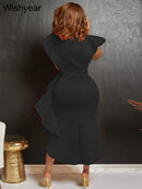 the SUNDAY BEST - Sexy Flare Short Sleeve High Side Split Ruffles Bodycon Midi Dress, Elegant Women Autumn Evening Wedding Party/Birthday Dress