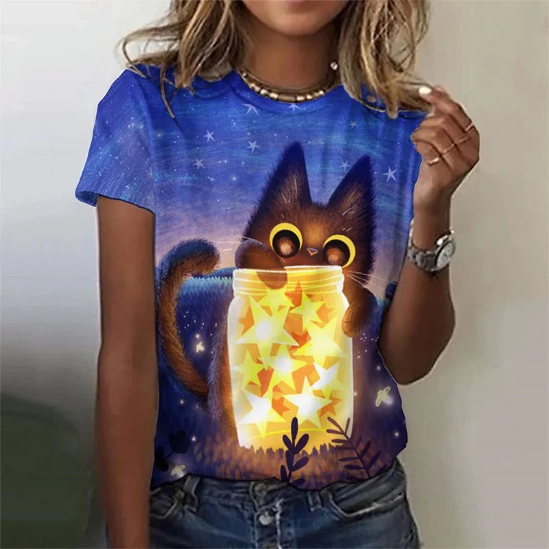 Cartoon Night Cat Pattern T-Shirt For Women Flash Stars Moon 3D Printed Tees Summer Loose T Shirts O-Neck Tops Short Sleeves