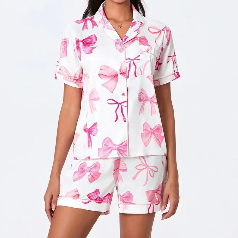 the BOW PEEP PAJAMAS- Pink Bow Silk Pajama Sets 2 Piece Preppy Pajamas Shorts Cute Short Sleeve Matching Lounge Shirts Sets