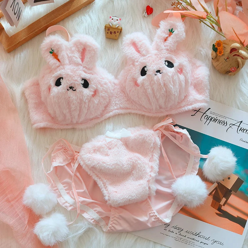 the FUR BABY - Girls' Plush Underwear Japanese Cute Push-Up Bra Set Comfortable and Warm Lingerie Underpants Suit for Women