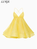 the BEACH BARBIE - Beach Backless Short Puffy Sling Dress, Women Sexy Lace Up Sleeveless A-Line Dresses, Summer Lady Vacation Seaside Solid Dress