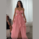 the PINK PRINCESS - Flounce Flower Pink Ladies Dinner Maxi Dress, Elegant Strapless Backless Pleat Sleeveless Sexy Spring New Chic Splicing Gown