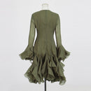 the COURTSY - Solid Spliced Button Slimming Dresses for Women, O-Neck Long Sleeve High Waist Patchwork Ruffles Dress