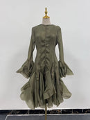 the COURTSY - Solid Spliced Button Slimming Dresses for Women, O-Neck Long Sleeve High Waist Patchwork Ruffles Dress