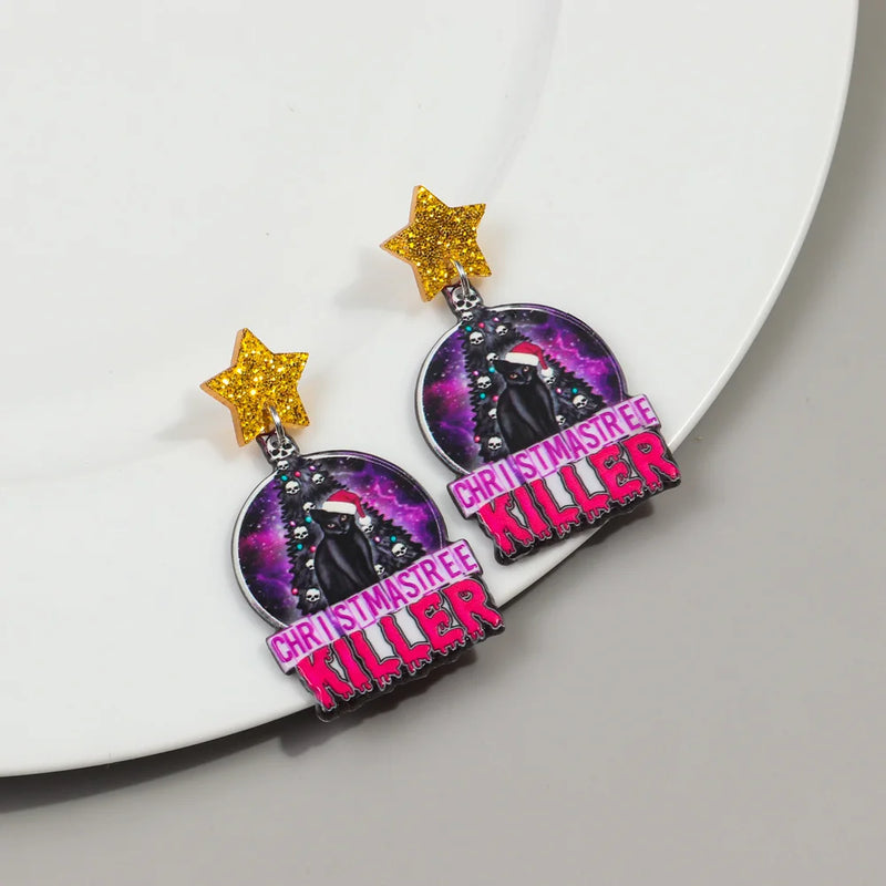 the BLACK CAT COLLECTION - Christmas Hat Black Cat Acrylic Earrings Pendant Cute Xmas Colored Lights Cats Drop Earring New Year Jewelry Gifts