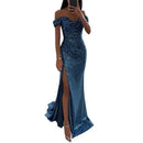 the CHLOE - Elegant Gown Dress V-Neck Off Shoulder Sequin Pleated Waist Tight Evening Split Long Maxi Dress