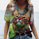 the RAINBOW KITTY - V-Neck T-shirt Women's Summer Casual Oversize Dazzle Color Cats Print Shirt Short Sleeve Top Vintage Streetwear