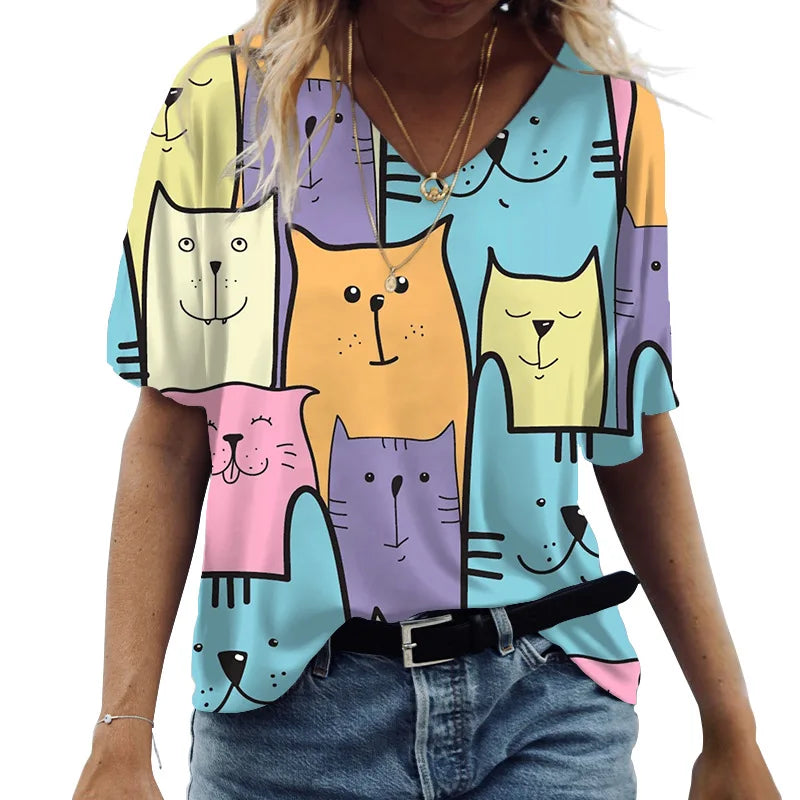 the JAZZ CATS - Cartoon Cat Print Summer Short Sleeve V-Neck Fashion Casual T-Shirts for Women