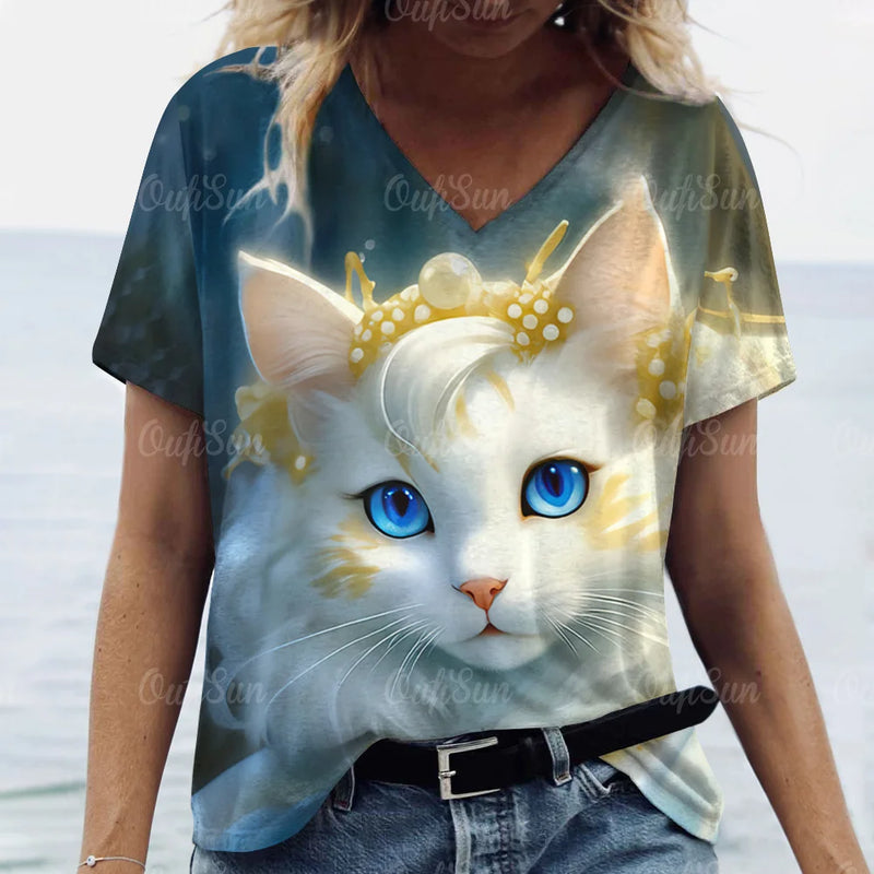 Animal Shirt For Women 3d Cat Print Summer Casual Short Sleeve V-Neck Women's T-Shirts Overszied Clothing Cute Female Tops