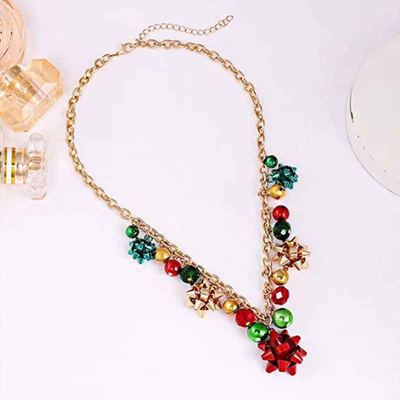 the JINGLE BELLS - Christmas Necklace X-Mas Jingle Bell Necklaces Present Bow Pendant Necklace Earrings Bracelet Gifts