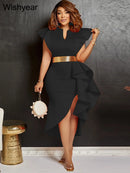 the SUNDAY BEST - Sexy Flare Short Sleeve High Side Split Ruffles Bodycon Midi Dress, Elegant Women Autumn Evening Wedding Party/Birthday Dress