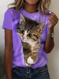 the CUTE TABBY - Cute Cat Print O-Neck Tops Casual Short Sleeve T-Shirt