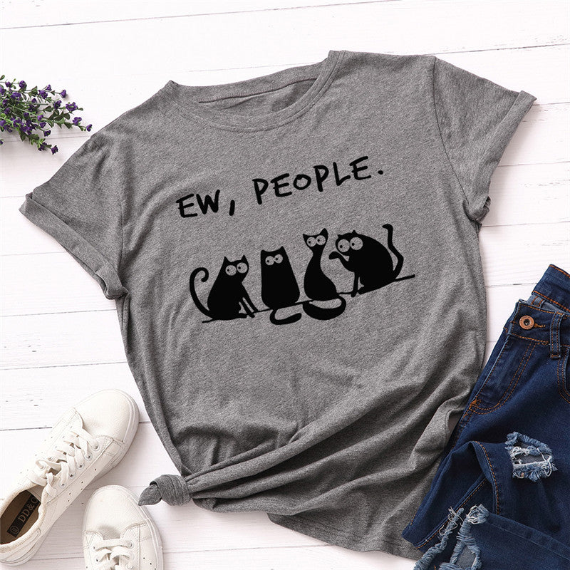 the AVOIDANT KITTY - Women Cotton Cats Short Sleeve Print T-Shirt