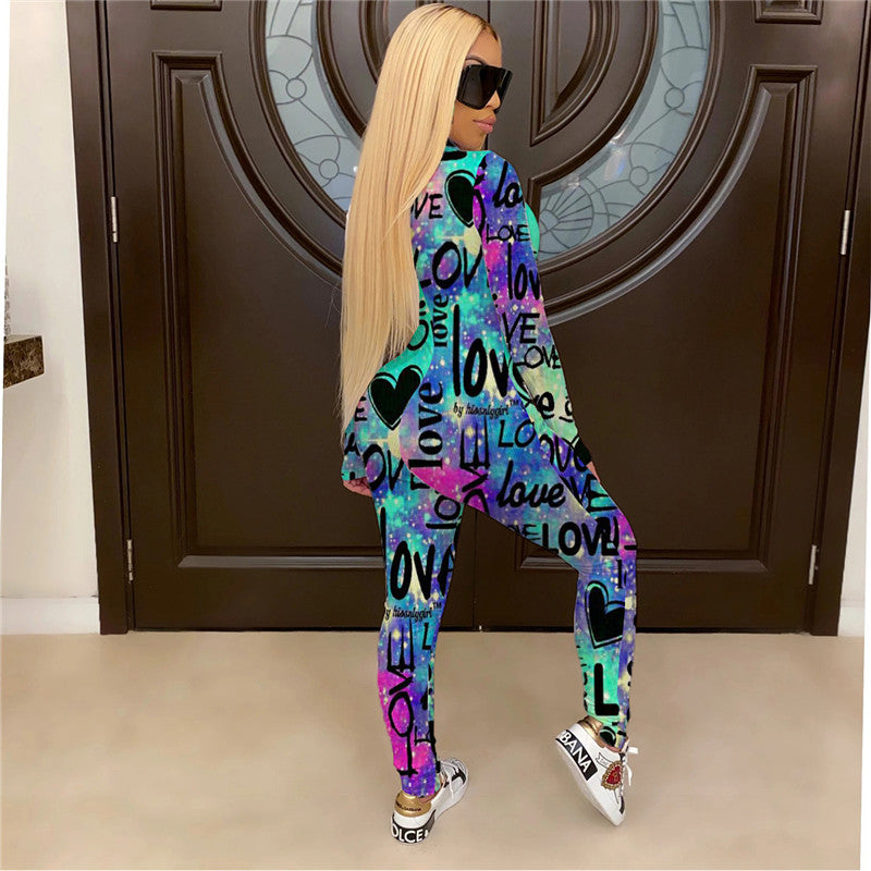 the GRAFFITI - Sexy Letter Printed Jumpsuit Streetwear Slim Long Sleeve Zipper Print Slim