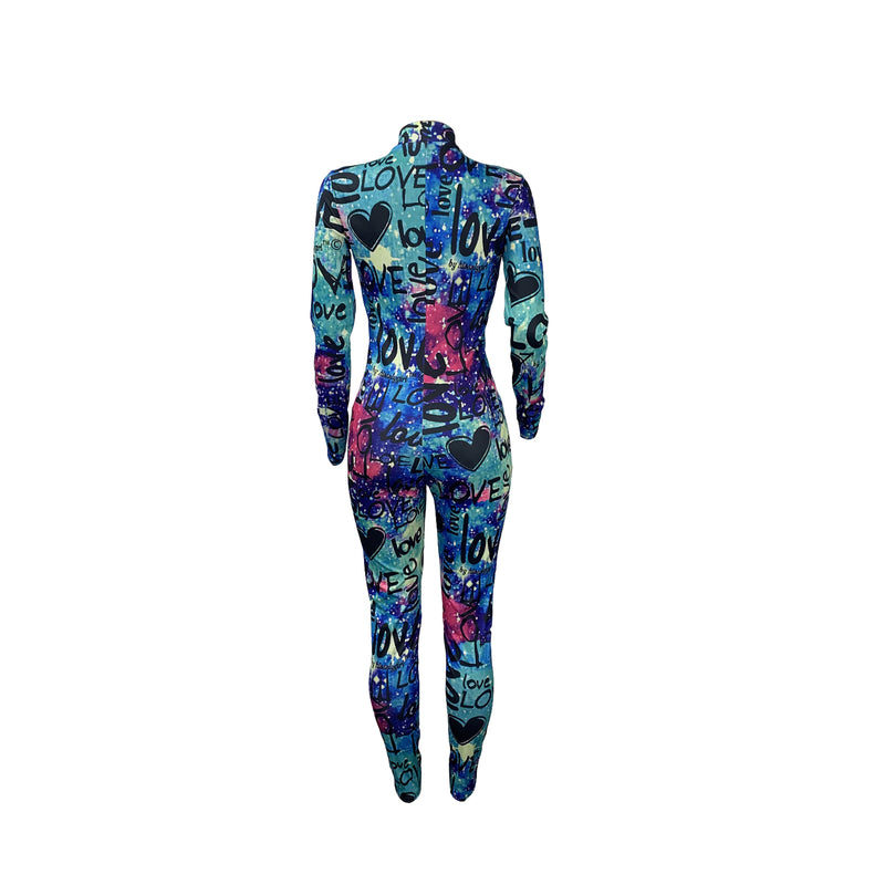 the GRAFFITI - Sexy Letter Printed Jumpsuit Streetwear Slim Long Sleeve Zipper Print Slim