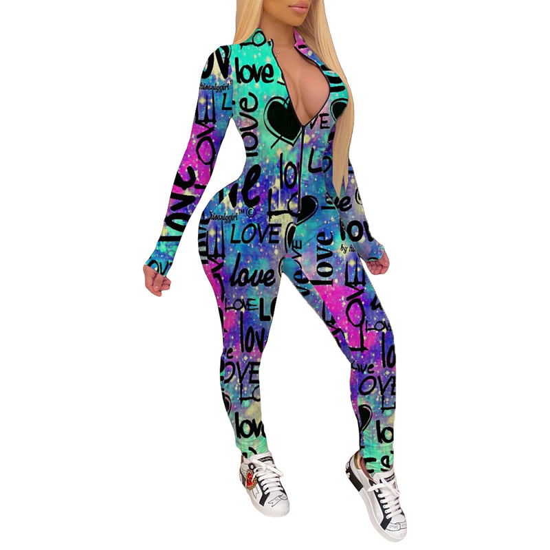 the GRAFFITI - Sexy Letter Printed Jumpsuit Streetwear Slim Long Sleeve Zipper Print Slim