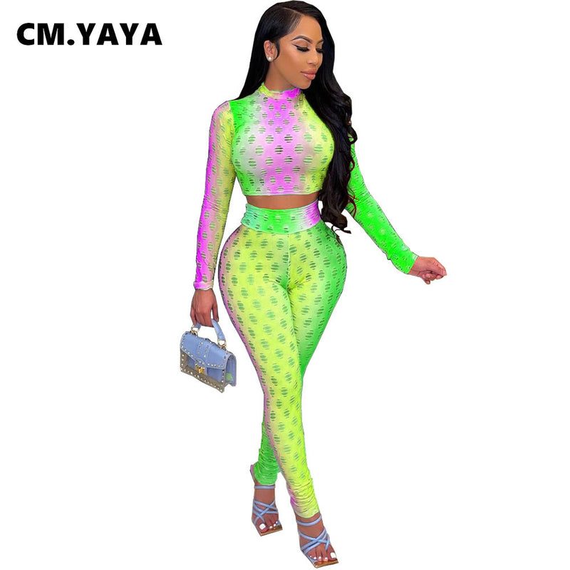 the SHERBERT- Women Set Hollow-Out Print Full Sleeve O-Neck Slim Crop Tops Skinny Pencil Pants Two 2 Piece Sets