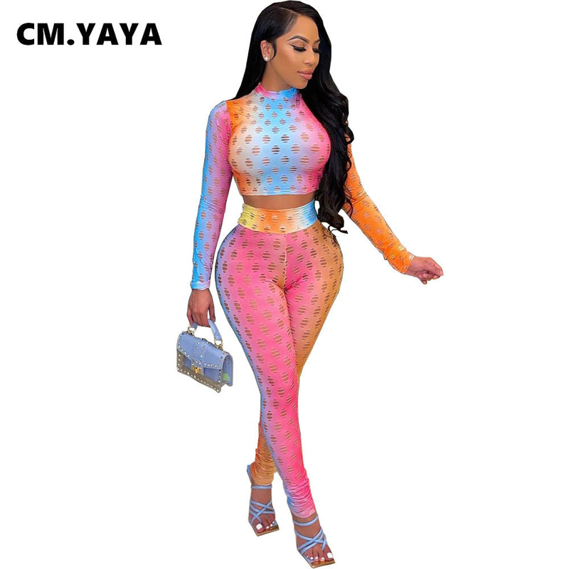 the SHERBERT- Women Set Hollow-Out Print Full Sleeve O-Neck Slim Crop Tops Skinny Pencil Pants Two 2 Piece Sets