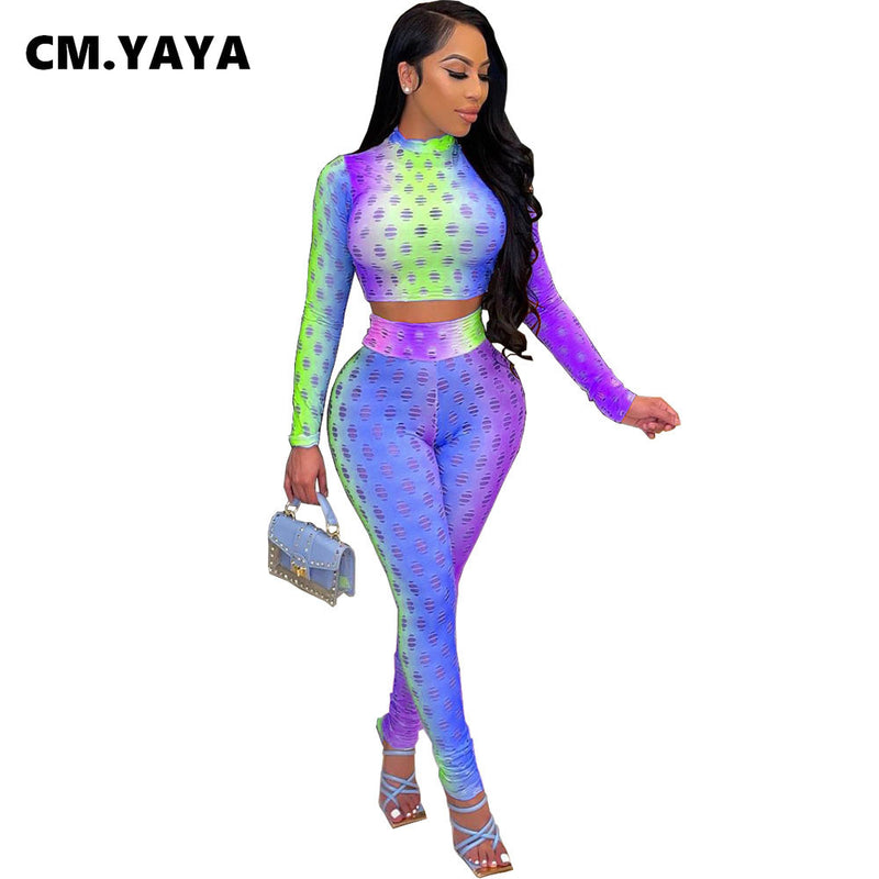 the SHERBERT- Women Set Hollow-Out Print Full Sleeve O-Neck Slim Crop Tops Skinny Pencil Pants Two 2 Piece Sets