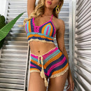 the KNITTED KITTY - Multi Color Knitted Rainbow Striped Off Bikini Beachwear
