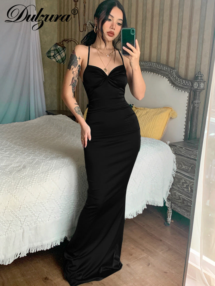 the GEORGIA Dress - Lace Up Women Solid Satin Maxi Dress