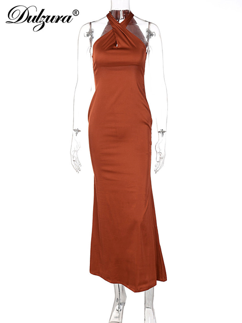 the QUINN Dress - Satin Sleeveless Halter Midi Dress Bodycon