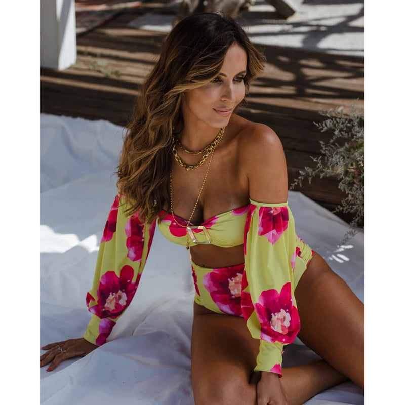 the FUCHSIA CAT - New Long Sleeve Swimsuit Off Shoulder Swimwear