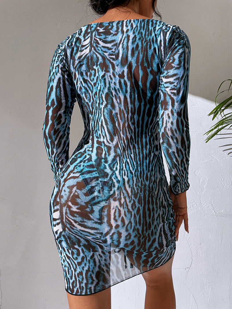 the BLUE LAGOON - Leopard 3-Piece Drawstring Dress Mesh Swimsuit