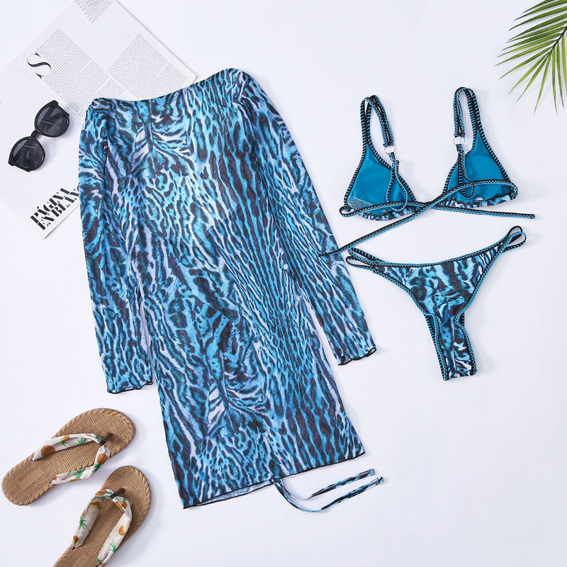 the BLUE LAGOON - Leopard 3-Piece Drawstring Dress Mesh Swimsuit