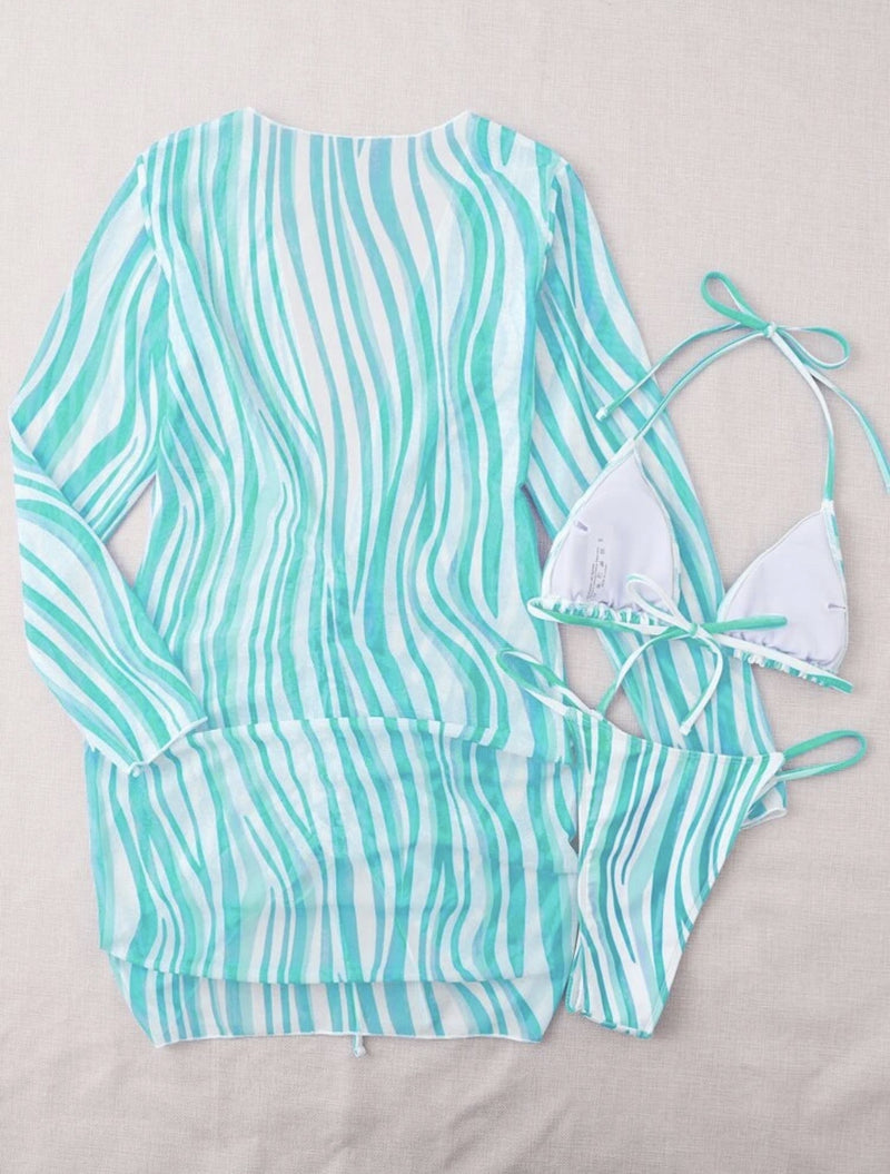 the DAZZLE - Long Sleeves Dress Print 3-Piece Bikini Set