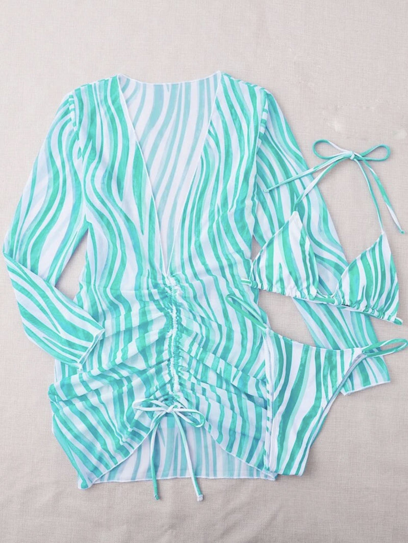 the DAZZLE - Long Sleeves Dress Print 3-Piece Bikini Set