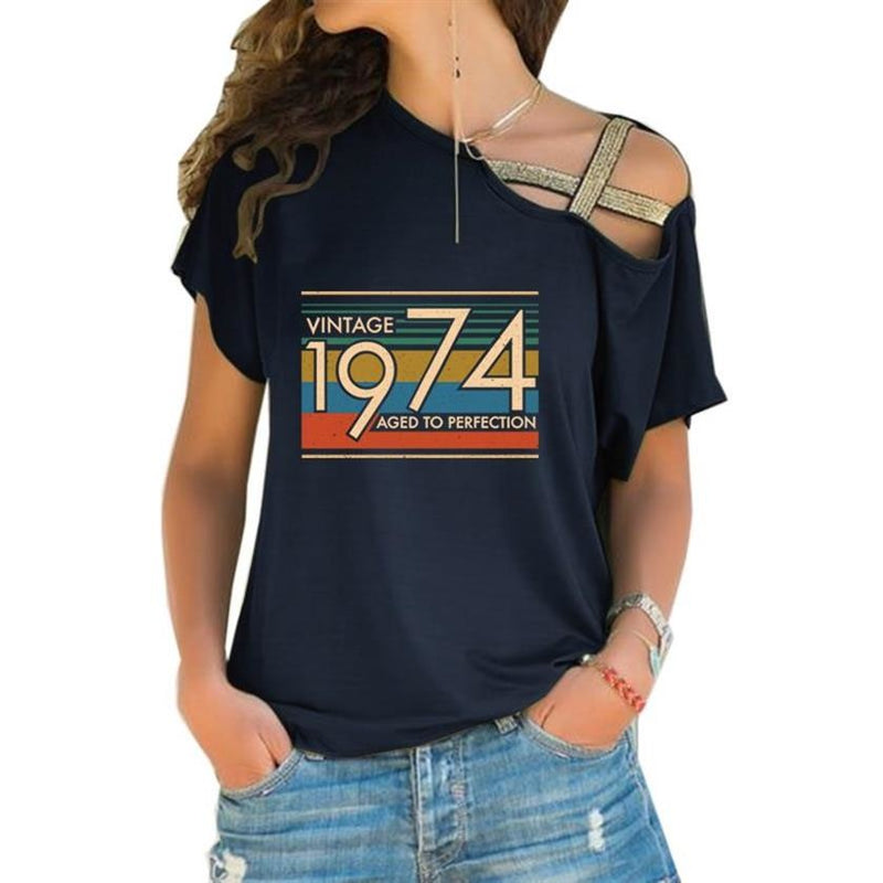 the VINTAGE - Letters Print Cross Bandage T-Shirt for Women
