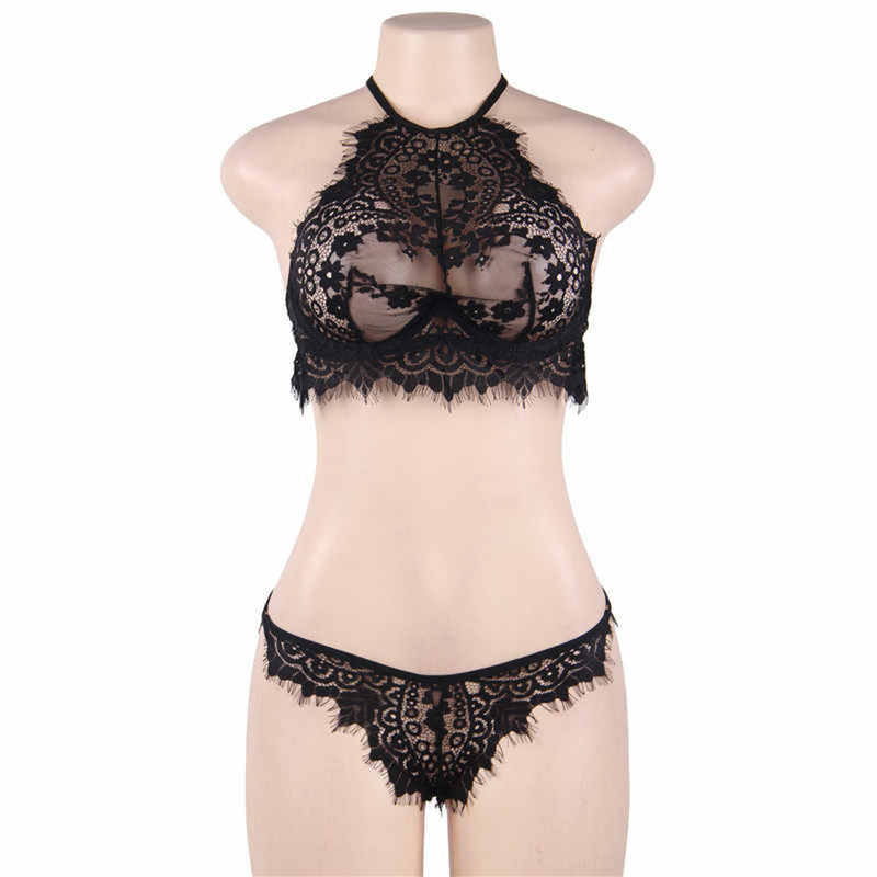 the MASQUERADE - Sexy Black Eyelash Lace Bra Lingerie Set