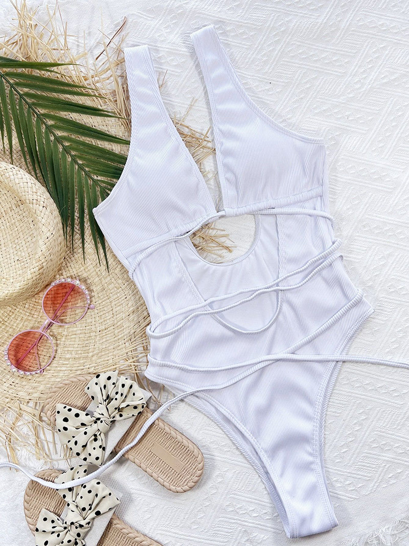 White Solid Hollow Out Bandage Swimsuit