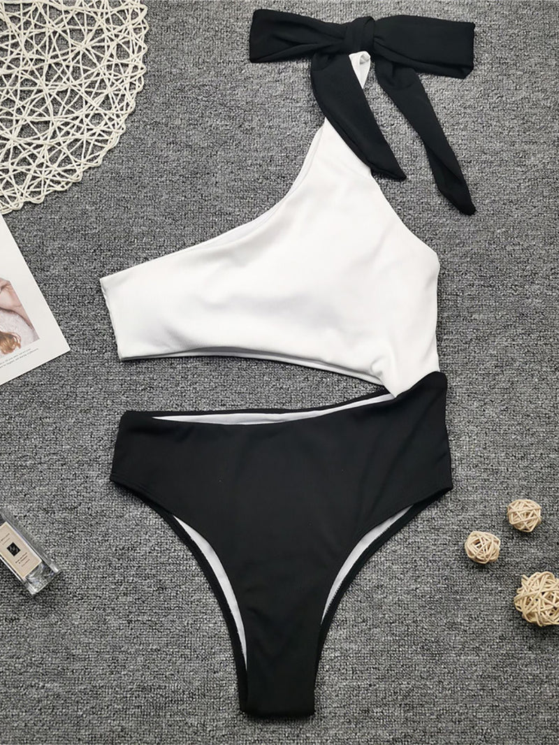 the ZIG ZAG - White Black One Shoulder Swimsuit