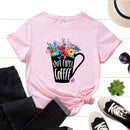 the COFFEE ADDICT - Women Short Sleeve Floral Cup Letter Print T-Shirt