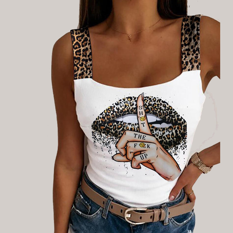 the SHHH - Sexy Tank Tops Summer Leopard Lips Print Sleeveless