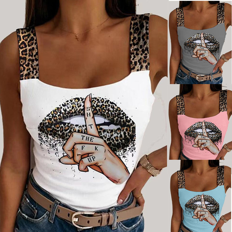 the SHHH - Sexy Tank Tops Summer Leopard Lips Print Sleeveless