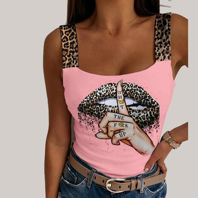 the SHHH - Sexy Tank Tops Summer Leopard Lips Print Sleeveless