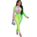 the SHERBERT- Women Set Hollow-Out Print Full Sleeve O-Neck Slim Crop Tops Skinny Pencil Pants Two 2 Piece Sets