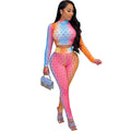 the SHERBERT- Women Set Hollow-Out Print Full Sleeve O-Neck Slim Crop Tops Skinny Pencil Pants Two 2 Piece Sets