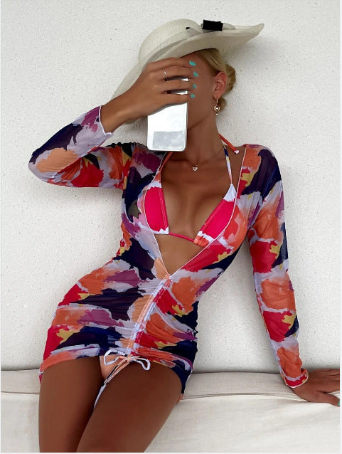 the DAZZLE - Long Sleeves Dress Print 3-Piece Bikini Set