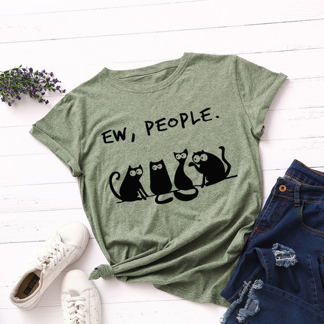 the AVOIDANT KITTY - Women Cotton Cats Short Sleeve Print T-Shirt