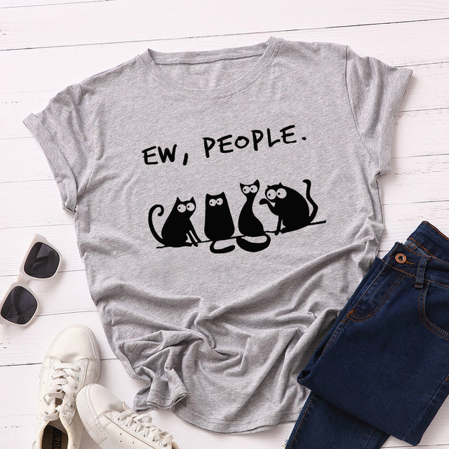 the AVOIDANT KITTY - Women Cotton Cats Short Sleeve Print T-Shirt