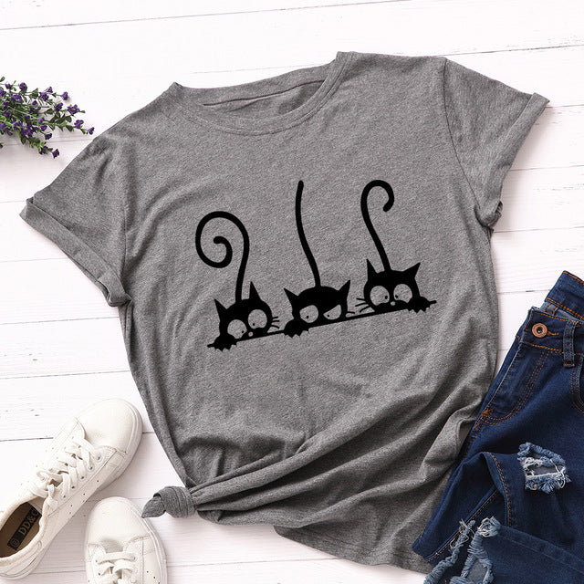 the AVOIDANT KITTY - Women Cotton Cats Short Sleeve Print T-Shirt