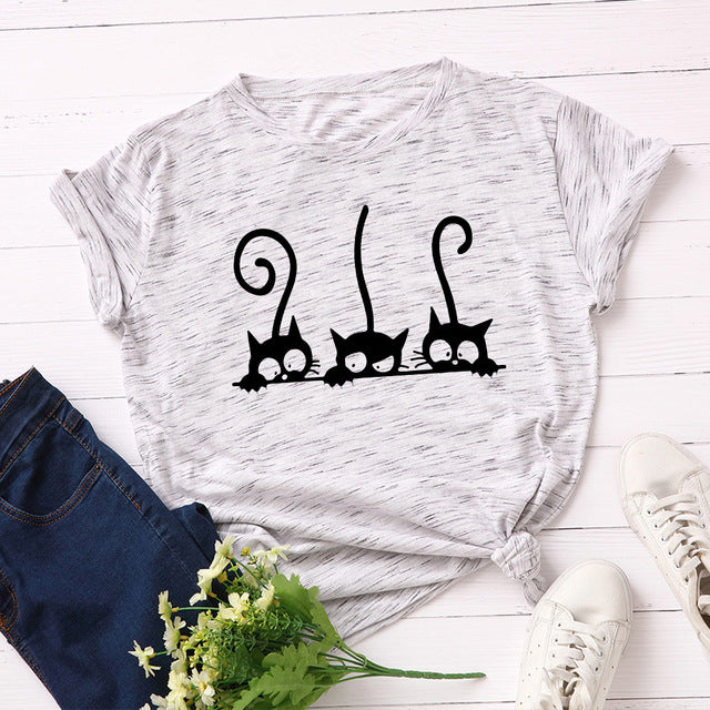 the AVOIDANT KITTY - Women Cotton Cats Short Sleeve Print T-Shirt